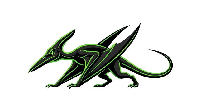 Fierce pterodactyl dinosaur mascot logo design with green glowing outlines