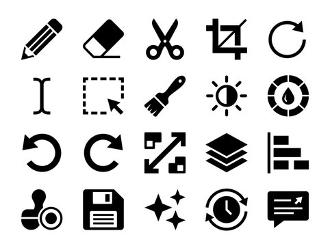 Graphic design and photo editing vector icon set black software toolbar symbols