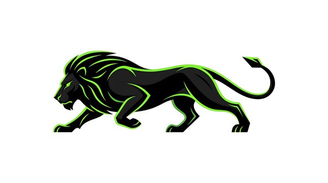 Modern vector illustration of a prowling black lion with neon green glowing highlights on a white background, suitable for sports team logo, esports mascot, or gaming emblem