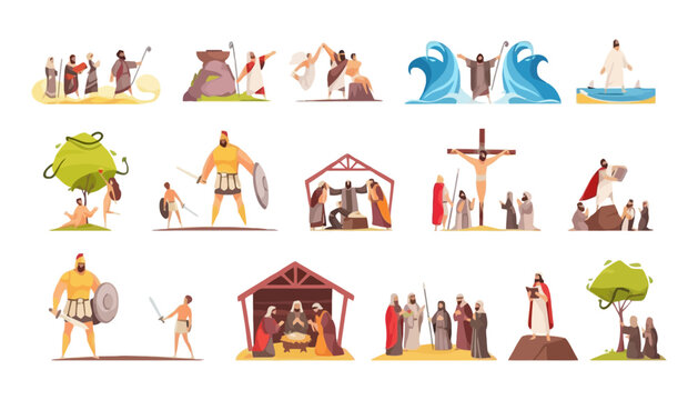 Religious historical and biblical icons collection set with religion