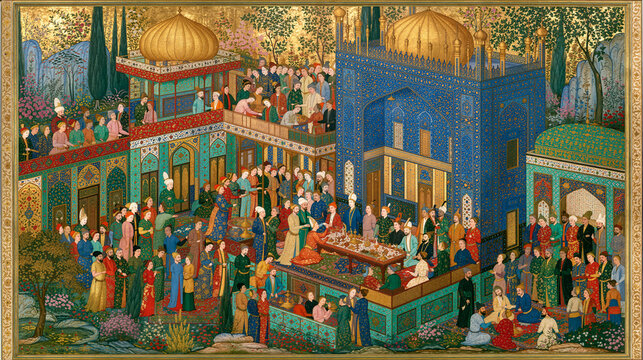 Persian manuscript illustration of an idealized garden pavilion in flattened perspective