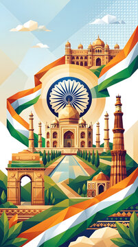 Indian Independence Day 15 August Ashoka Chakra with iconic Indian monuments and flowing tricolor ribbon premium vertical illustration design