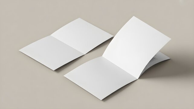 Blank square brochure mockups, open booklet templates on neutral background