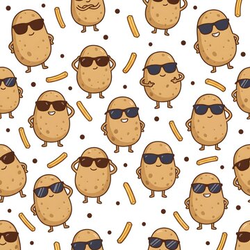 Seamless pattern of cute potato characters wearing sunglasses and french fries on white background