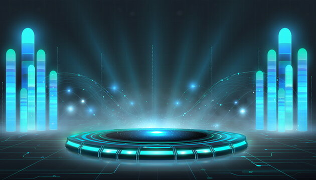 Futuristic neon light cylinder stage podium background サイバー空間の円形ステージ