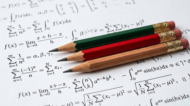 Three sharpened pencils lying on a sheet of paper covered in complex mathematical equations and calculus formulas
