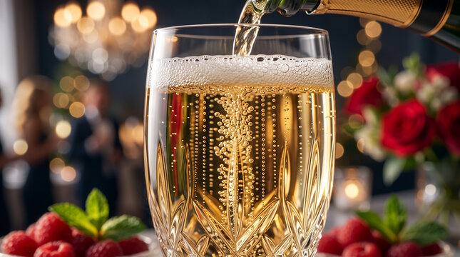 Champagne pouring into crystal glass at festive party with raspberries and roses