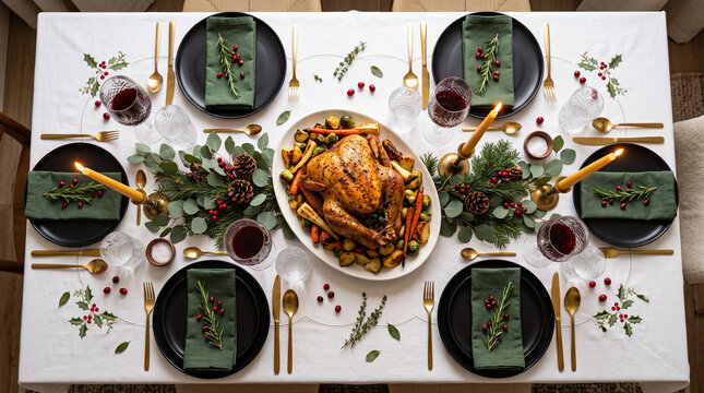 Festive christmas dinner table with roasted turkey, green napkins, and gold cutlery