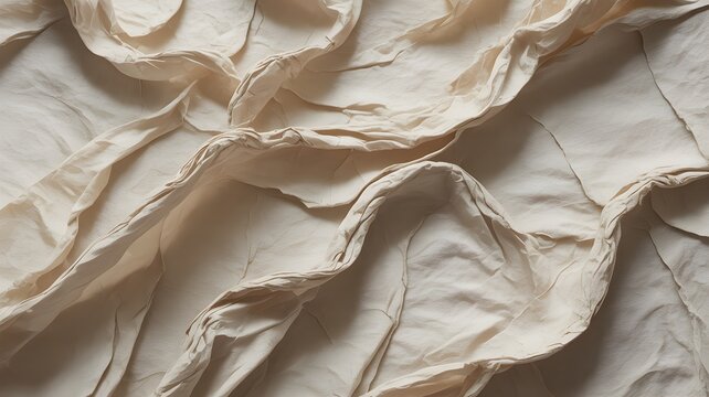 Abstract background of soft, rumpled offwhite fabric with gentle folds and organic, flowing lines, creating a textured and elegant aesthetic