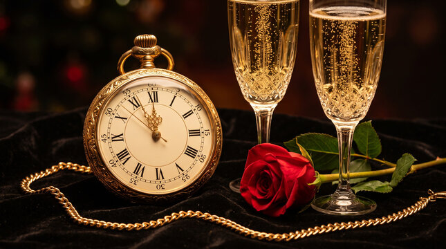 Gold pocket watch near midnight with champagne flutes and red rose on velvet