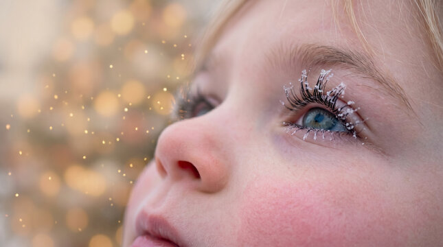 Close-up of child with frosted eyelashes looking up at christmas lights
