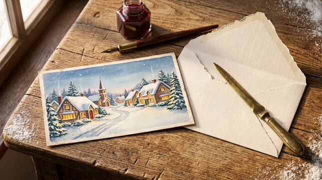 Vintage watercolor christmas postcard with envelope, pen, and ink on wooden table