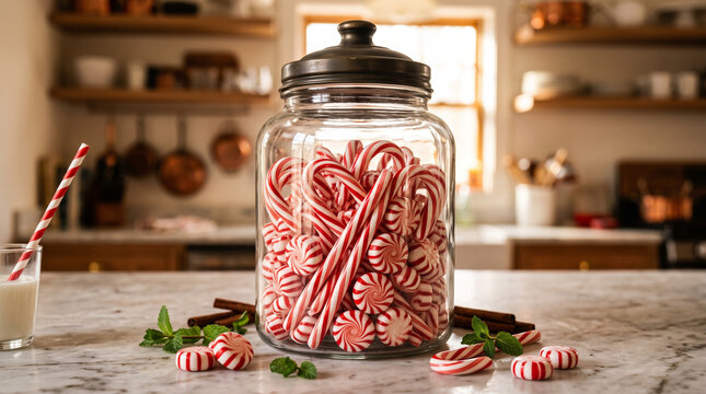 Glass jar full of candy canes and peppermint sweets on marble kitchen counter