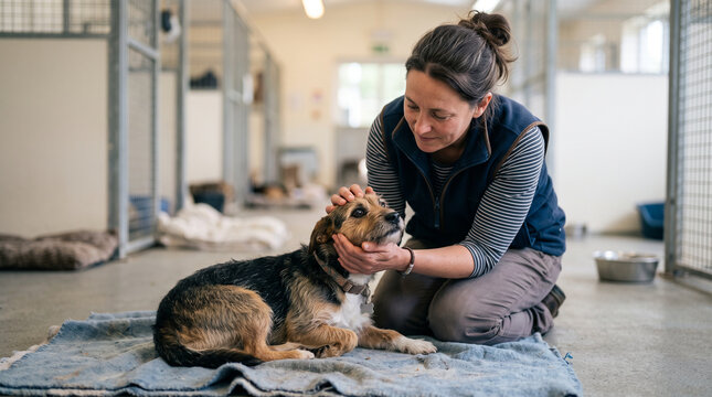 Volunteer woman petting shelter dog on blanket in animal kennel
