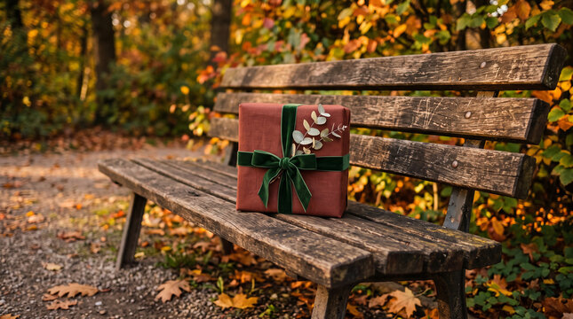 Gift box with green velvet ribbon on wooden bench in autumn park