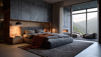 Obraz premium Modern Bedroom with Large Window and Mountain View, Cozy Living Space