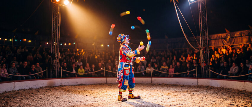 Colorful clown juggling balls in a circus ring during live nighttime performance for audience