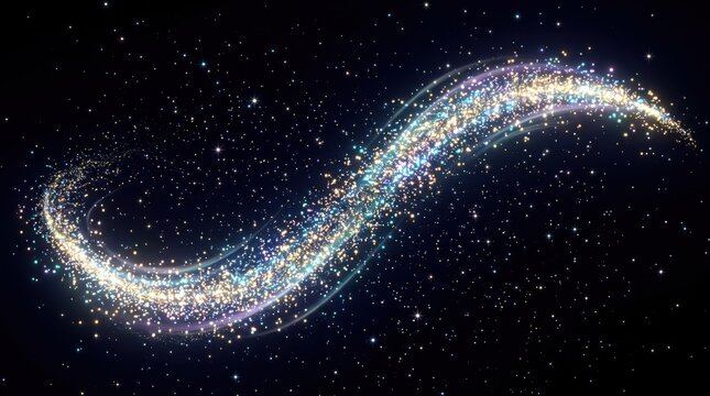 Infinity symbol galaxy nebula in deep space. Glowing cosmic dust and bright stars forming celestial loop. Dark background.