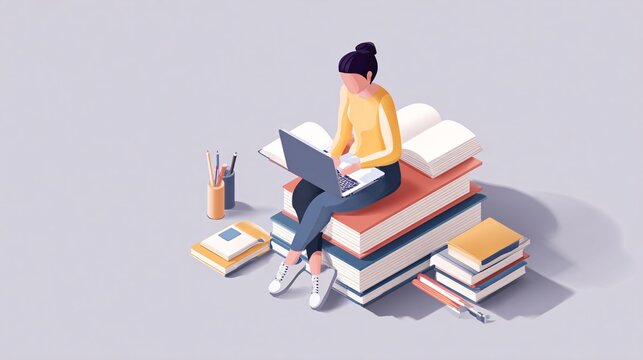 Woman Reading and Using Laptop Amidst Books and Study Supplies Illustration