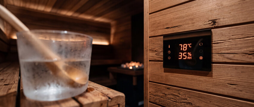 Modern wooden sauna interior with bucket, ladle and digital temperature display for spa wellness