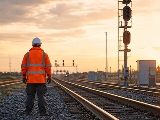 Naklejka premium Railway inspector standing beside train tracks