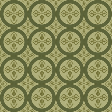 Vintage green floral circle seamless pattern, classic ornamental vector background.