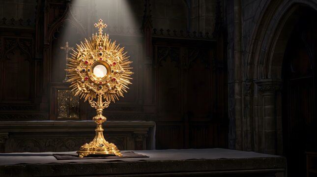 Monstrance holding the Eucharist in a church, sacred ritual and religious devotion faith and spirituality