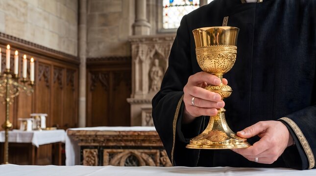 Priest holding golden chalice in church, religious ceremony and sacrament faith and spirituality