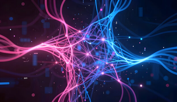 Epic futuristic data vortex in multi dimensional technical spaceAbstract cyber technology background with glowing neon light paths