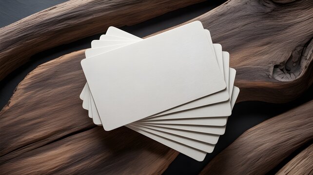 Stack of blank white business cards on rustic wooden background