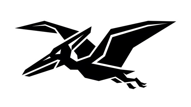 Stylized geometric pterodactyl silhouette illustration in black and white