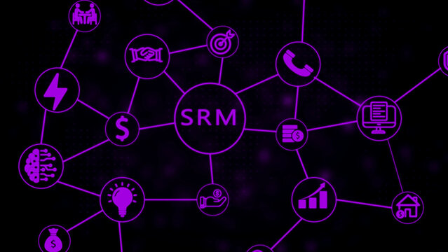 Strategic relationship management concept displayed as a central SRM node connected by purple lines to for business, finance, and communication on a dark textured background