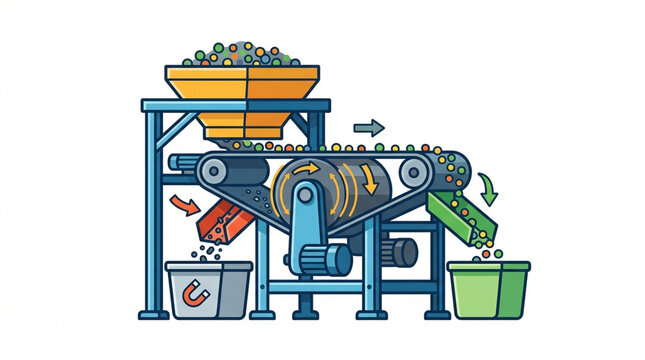 Magnetic separator machine diagram. Industrial recycling system for metal sorting process.