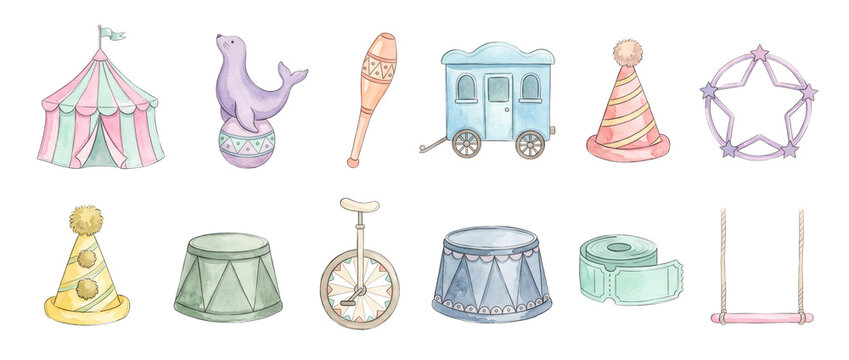 Watercolor circus set clipart illustration featuring tent, seal, unicycle, and party icons for kids carnival birthday designs and decorative event graphics elements isolated on black background.