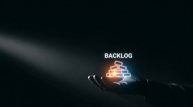 Human hand holding glowing backlog icon representing project management strategy