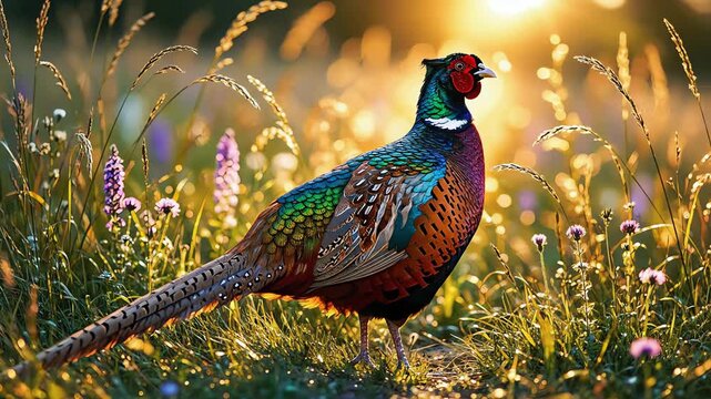 colorful pheasant bird standing in tall grass at sunrise with bokeh background