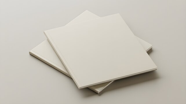 Two blank square notebooks stacked on a neutral background, topdown view of minimalist stationery mockup for branding and design presentation