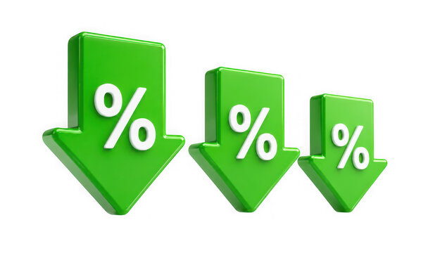 3d rendering of three green percentage down arrows decreasing in size, isolated on transparent background