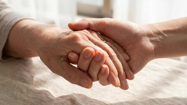 シニアの手を優しく包み込む温かい手と絆を描いた介護・医療・福祉のイメージ