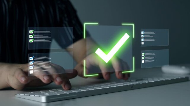 Digital checklist interface showing completed tasks, approval status and workflow progress. Modern business process management, compliance and quality assurance concept.