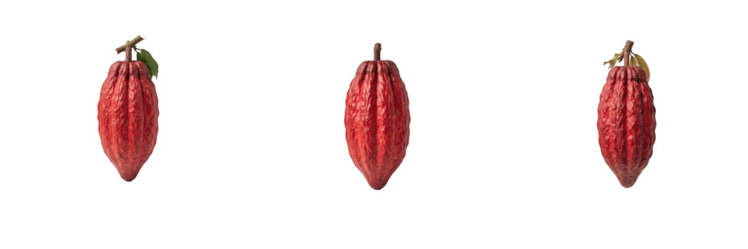 Set of three ripe red cocoa pods isolated on transparent background, ideal for artisan chocolate packaging, food branding, confectionery design, organic agriculture concepts, and tropical cacao harves