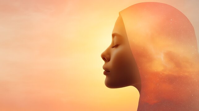 Hijab silhouette divine feminine profile view of woman with closed eyes and double exposure effect of sunset clouds and stars