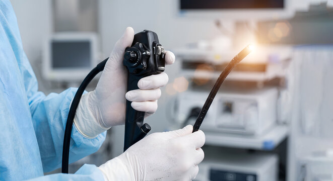 Surgeon holding endoscope preparing for medical procedure in sterile operating room with light flare.