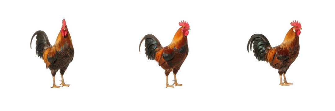 
Three roosters isolated on white background, farm rooster chicken set standing in different angles, male poultry bird collection, red comb rooster PNG cut out graphic element for live