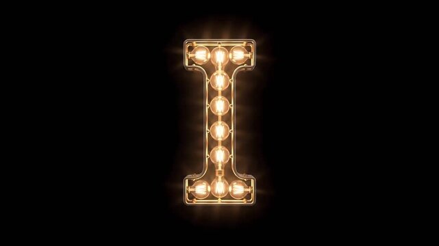 Capital letter I luxury serif font from glowing Edison bulbs. Elegant retro typography for premium advertising and vintage cinematic show concepts.
