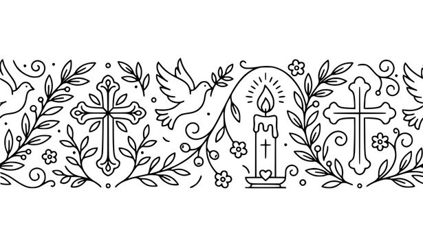 Religious Doodle Seamless Border with Cross, Candle, Dove, Star and Floral Leaf Ornament