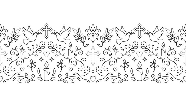 Floral Doodle Seamless Border with Dove, Cross, Leaf and Vine Ornament for Religious Design