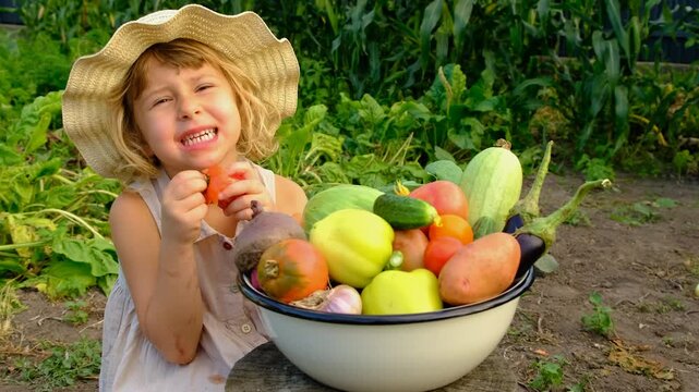 A child holding a tomato harvest in the garden. Selective focus.