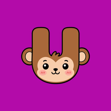Cute monkey character shaped like letter U on purple background vector design illustration