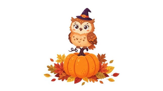 Cute watercolor owl wearing a witch hat sitting on a bright orange pumpkin surrounded by colorful autumn leaves for a festive halloween celebration
